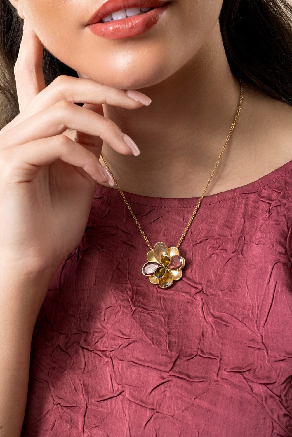 Mixed Tourmaline Flower Petali Pendant Necklace-YELLOW GOLD-16.5-JEWELRYFINE JEWELNECKLACE O-MARCO BICEGO