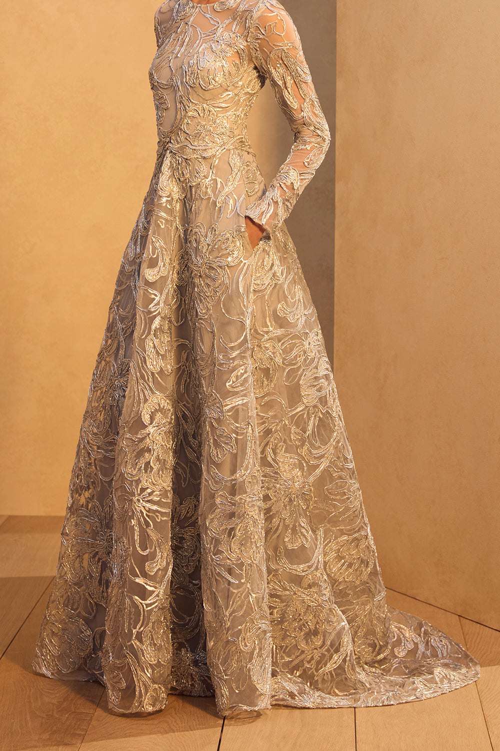  Metallic Floral Long Sleeve Gown-SILVER-4-CLOTHINGDRESSGOWN-PAMELLA ROLAND 