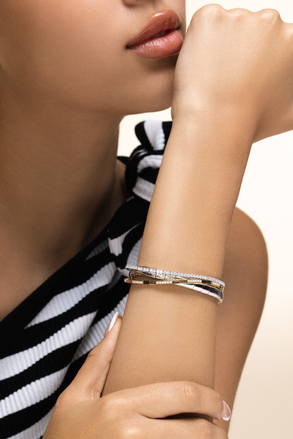 Diamond Two Alternating Extensible Stretch Bracelet-YELLOW GOLD-JEWELRYFINE JEWELBRACELET O-ROBERTO DEMEGLIO