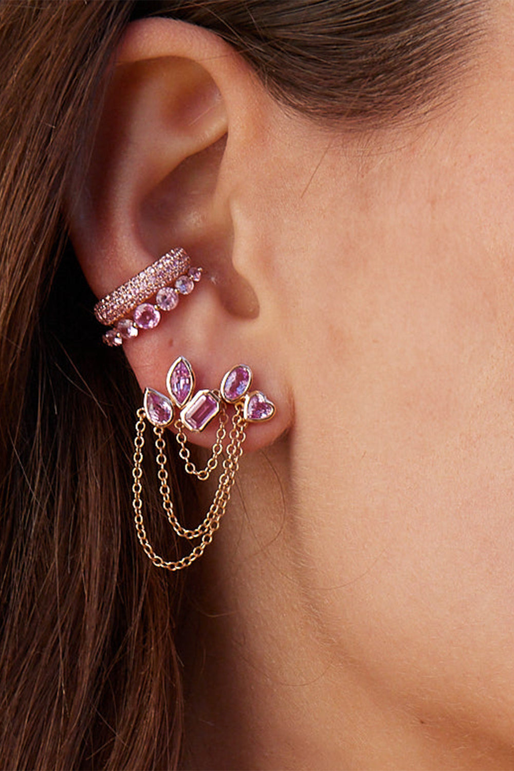 Pink Sapphire Duo Chain Link Stud Earring