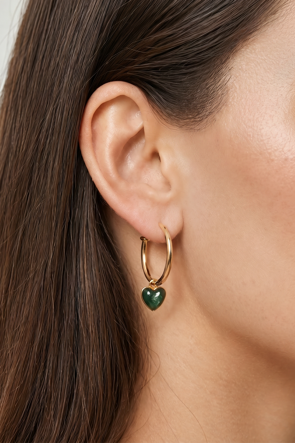 Green Agate Heart Charm Huggie Earrings