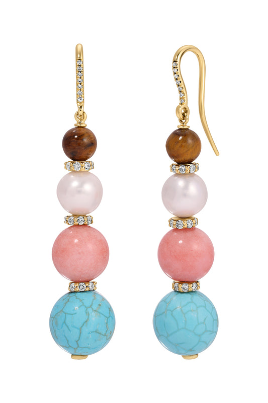 Tiger’s Eye Pearl Coral Turquoise Wire Earrings