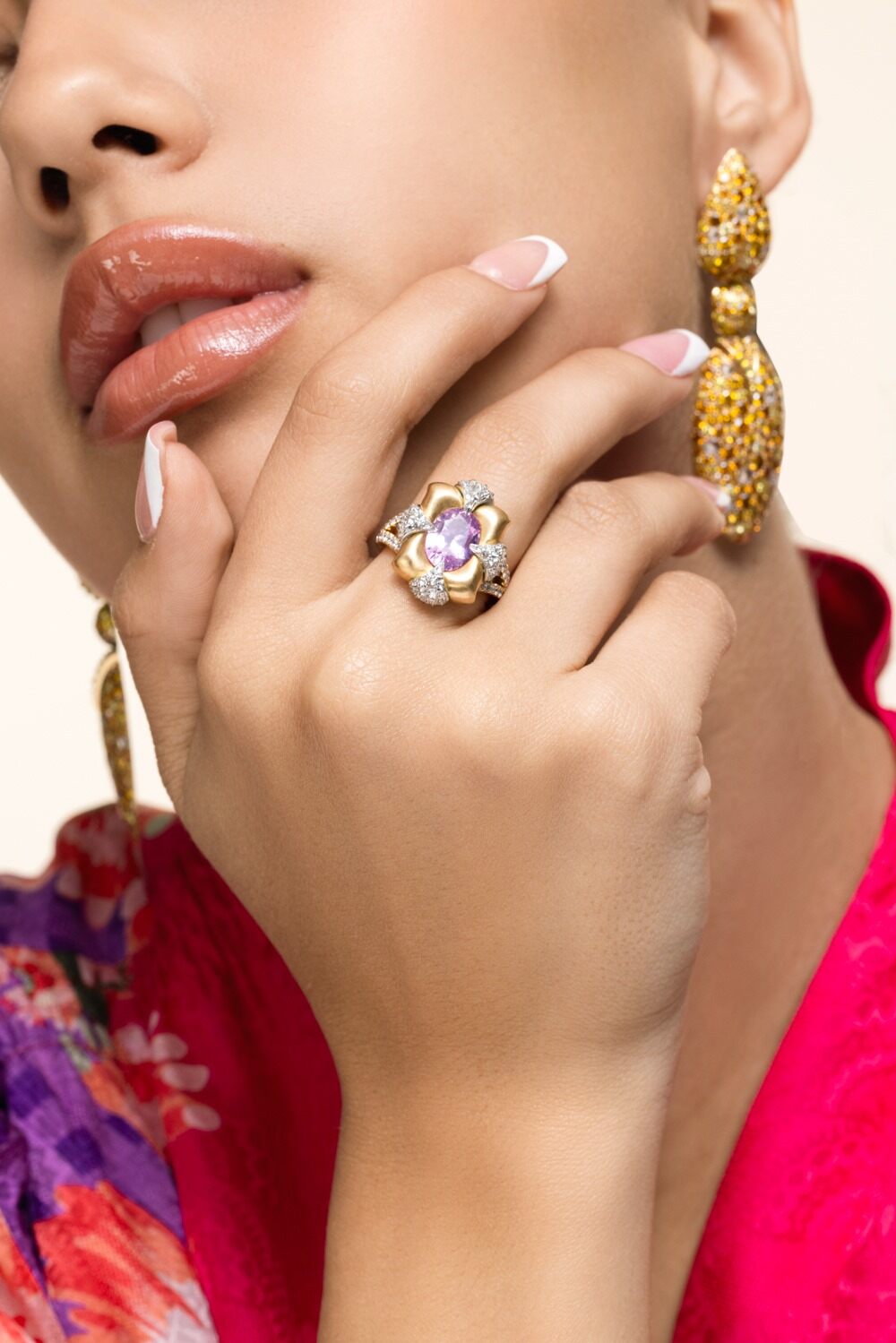 Spinel Diamond Four Corner Ring-YELLOW GOLD-JEWELRYFINE JEWELRING-ARUNASHI