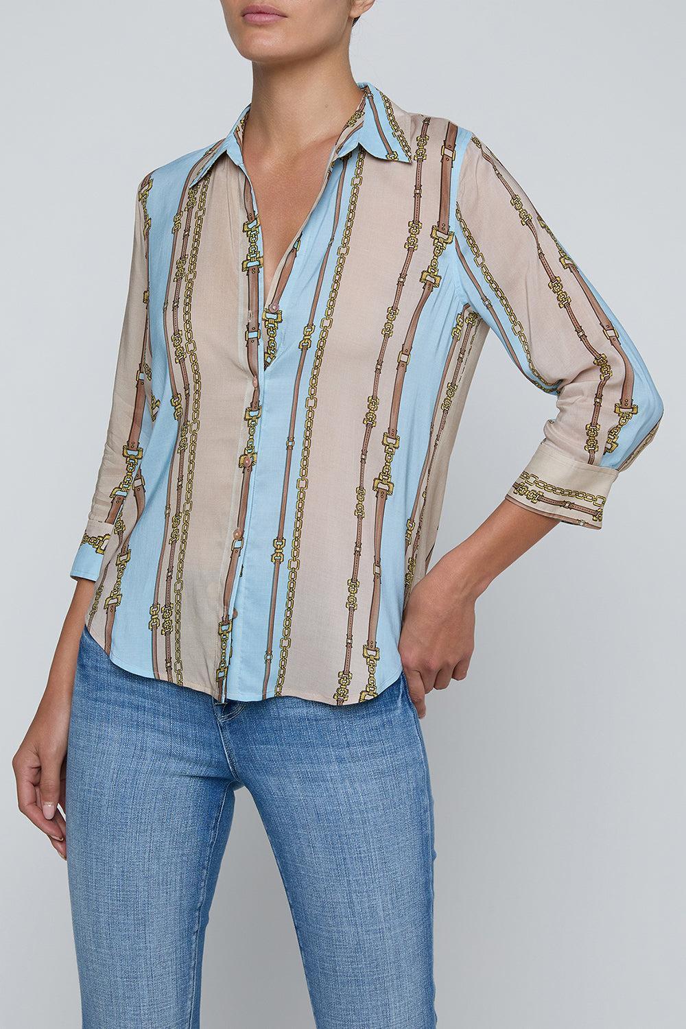 Camille Blouse - Taupe Light Sage Belt Stripe-BLUE-XS-CLOTHINGTOPBLOUSE-L'AGENCE