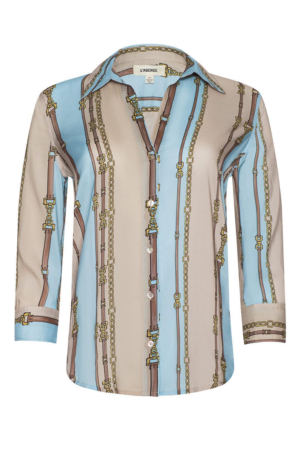 Camille Blouse - Taupe Light Sage Belt Stripe-BLUE-XS-CLOTHINGTOPBLOUSE-L'AGENCE