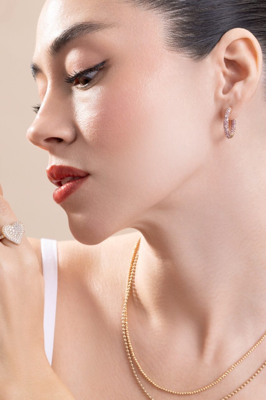 Pink Sapphire Disco Sister Hoop Earrings-YELLOW GOLD-JEWELRYFINE JEWELEARRING-ROBINSON PELHAM