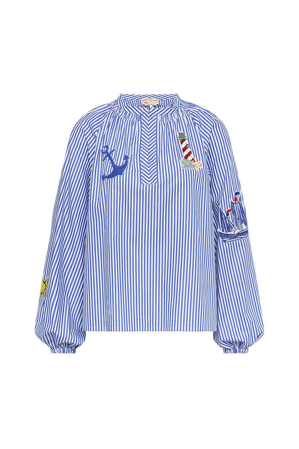 Emboidery Stripe Blouse-NVY/WHT-34-CLOTHINGTOPBLOUSE-MAISON COMMON