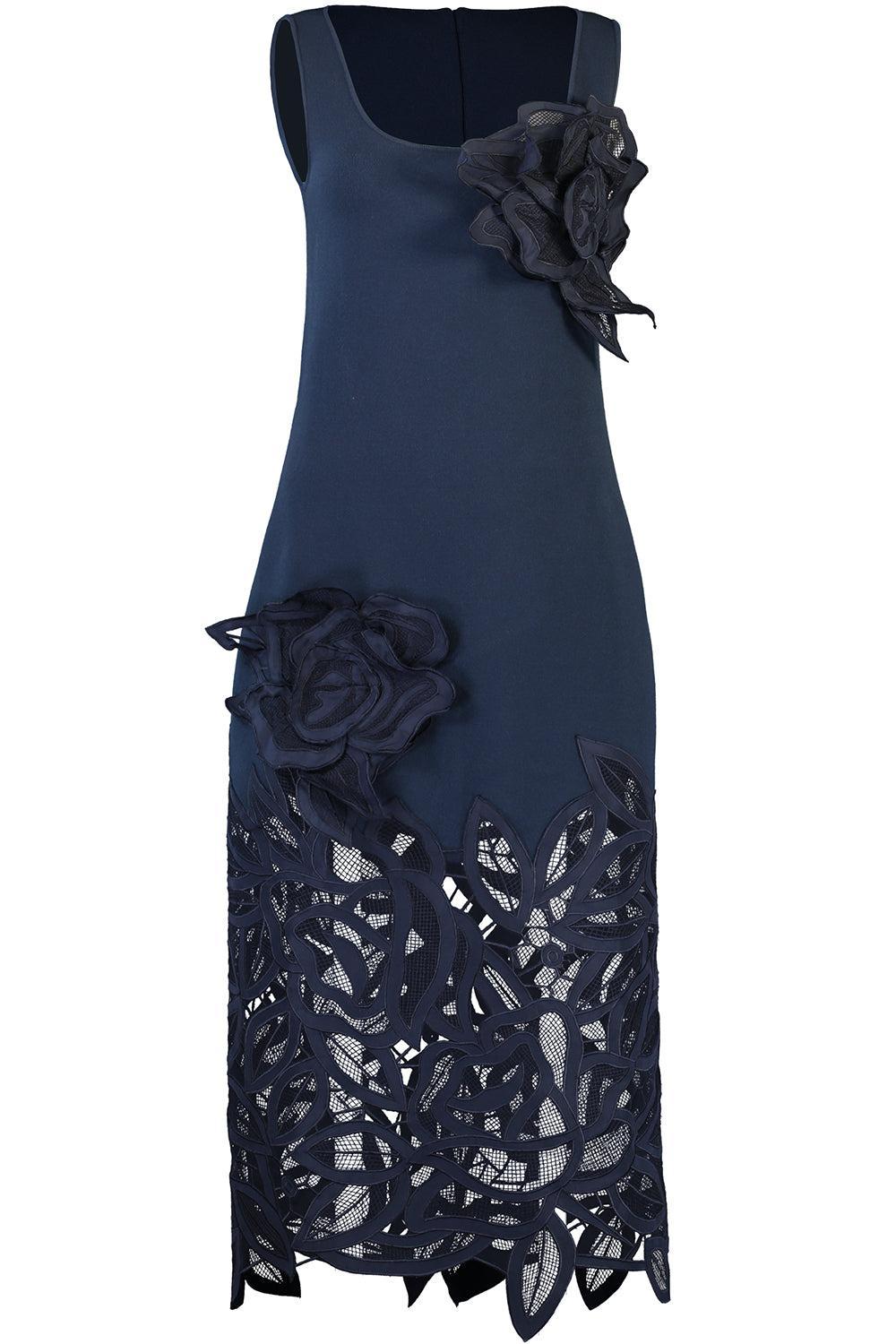 Rose Long Knit Dress-NAVY-S-CLOTHINGDRESSCOCKTAIL-OSCAR DE LA RENTA