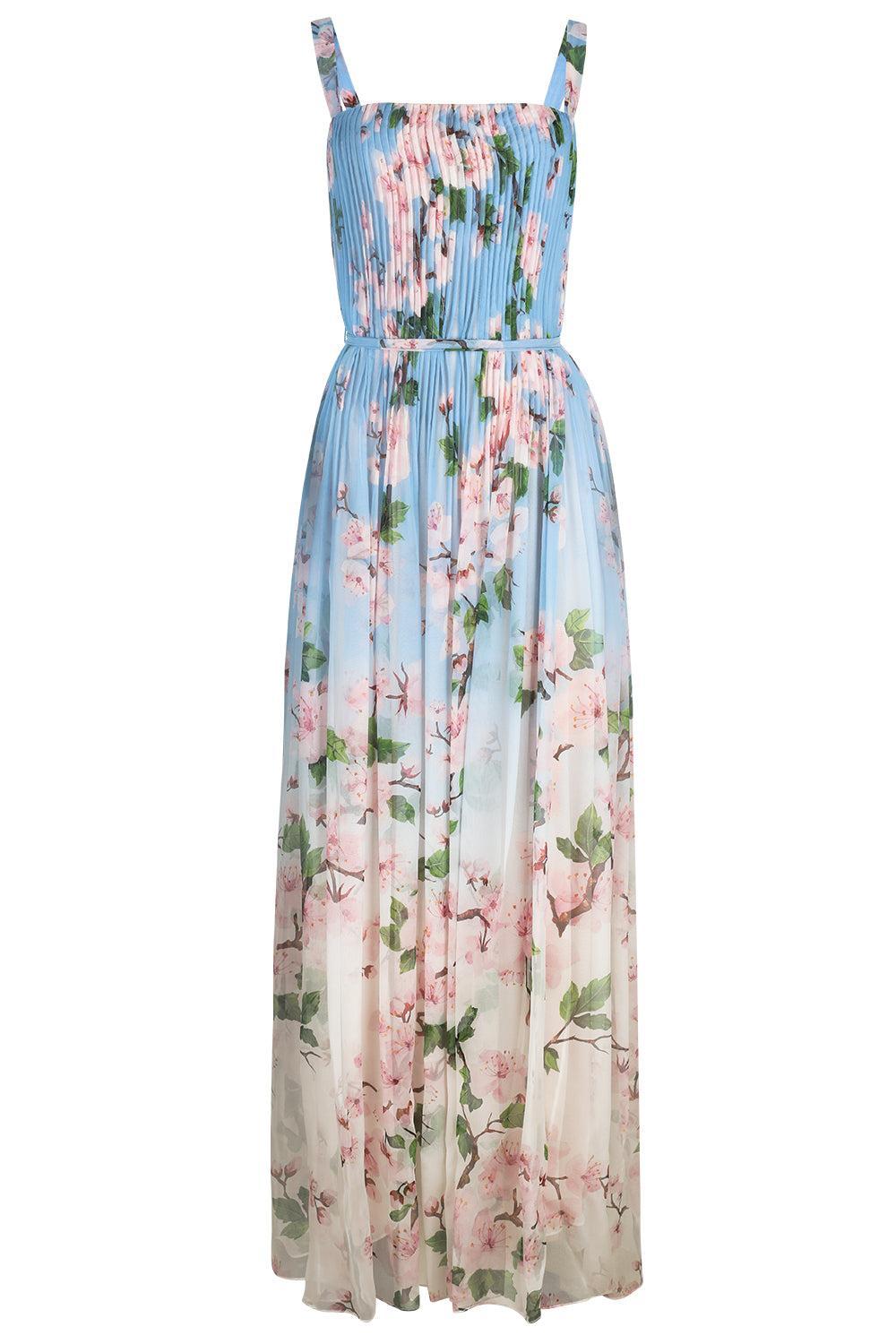 Pleated Ombre Cherry Blossom Gown-PKBLUOMB-4-CLOTHINGDRESSGOWN-OSCAR DE LA RENTA