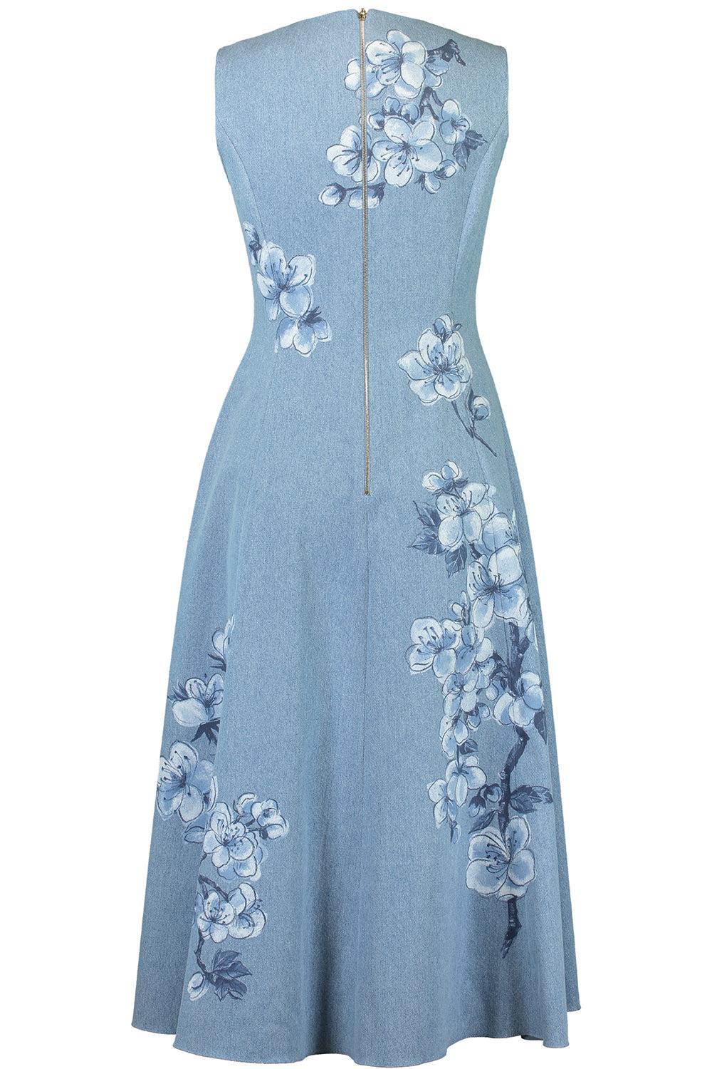 Oscar de la Renta シルク100% ペイズリー柄ドレス ブルー Sleeveless Cherry Blossom Printed Dress | OSCAR DE LA RENTA