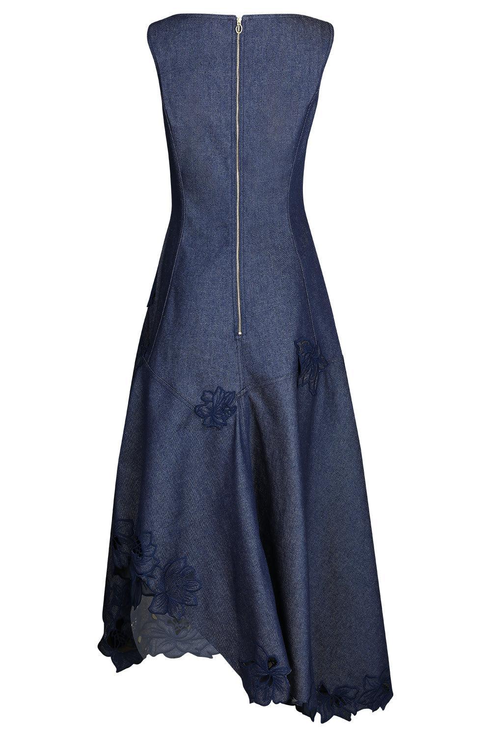 Scoop Neck Embroidered Day Dress-DARKDENM-4-CLOTHINGDRESSCASUAL-OSCAR DE LA RENTA