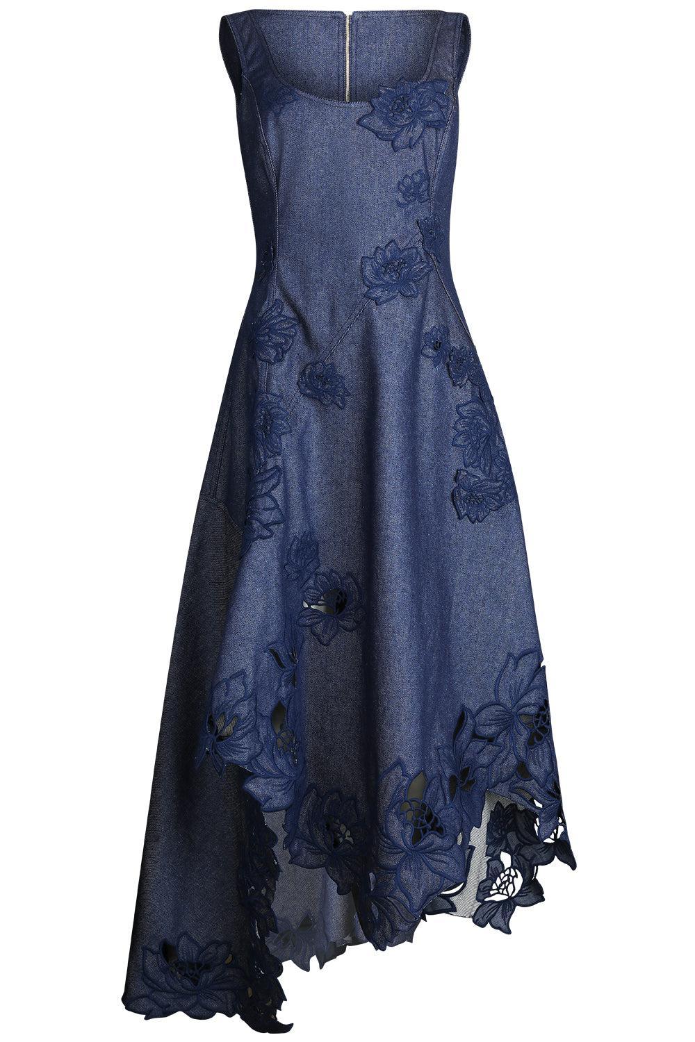 Scoop Neck Embroidered Day Dress-DARKDENM-4-CLOTHINGDRESSCASUAL-OSCAR DE LA RENTA
