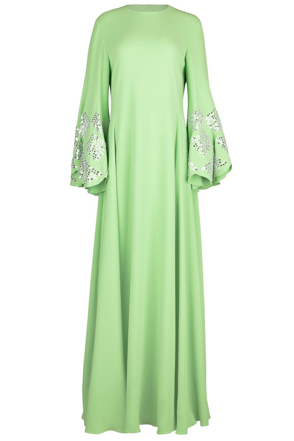 Long Sleeve Crystal Embroidered Caftan-PISTACHIO SILVER-M-CLOTHINGDRESSCASUAL-OSCAR DE LA RENTA