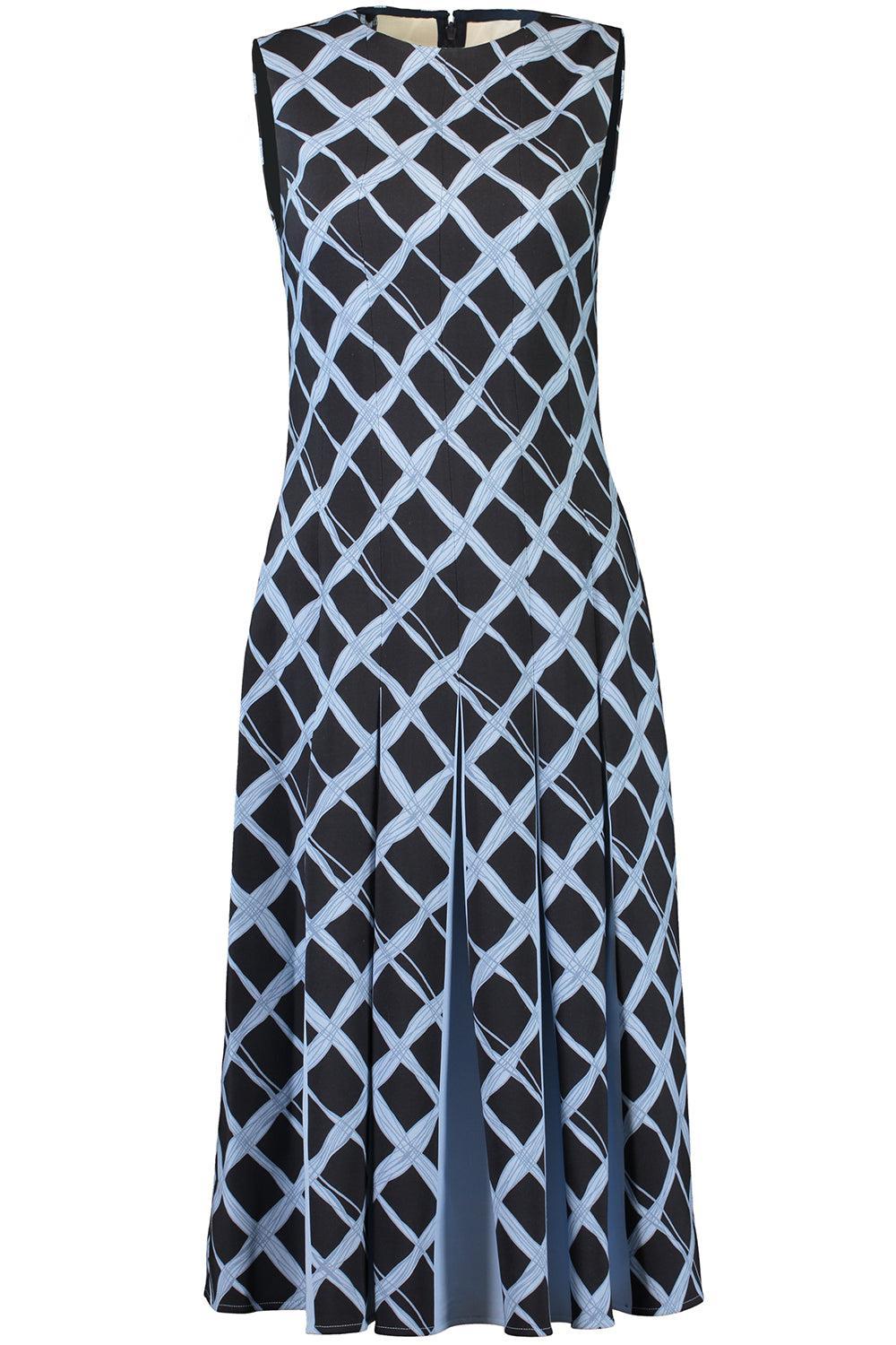 Wavy Plaid Double Face Day Dress-NVY/BLUE-6-CLOTHINGDRESSCASUAL-OSCAR DE LA RENTA