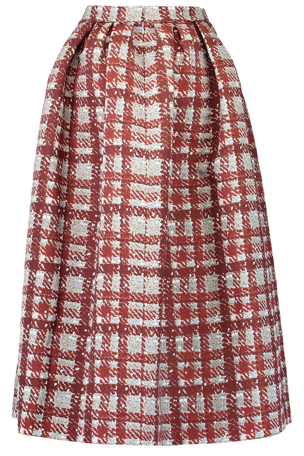 Textured Plaid Circle Skirt-BURGUNDY/BLUE-4-CLOTHINGSKIRTMIDI-OSCAR DE LA RENTA