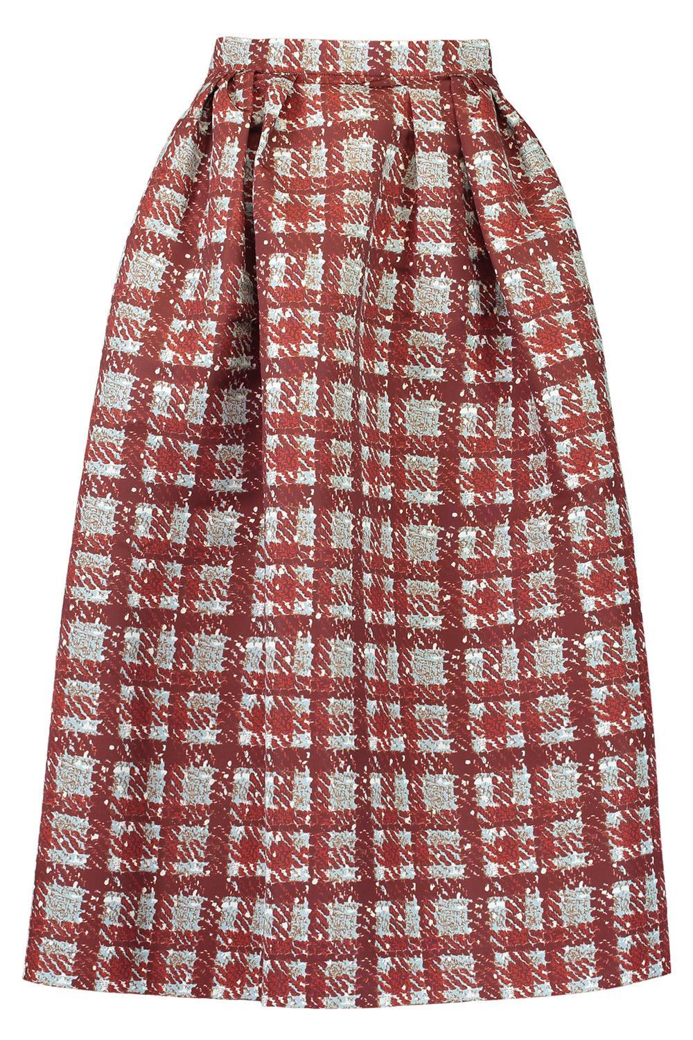 Textured Plaid Circle Skirt-BURGUNDY/BLUE-4-CLOTHINGSKIRTMIDI-OSCAR DE LA RENTA