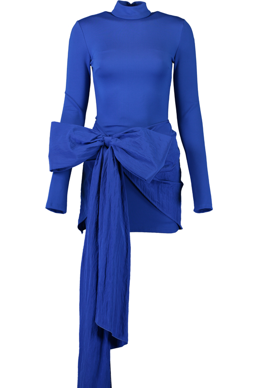 Long Sleeve Bow Detail Mini Dress-BLUE-2-CLOTHINGDRESSCOCKTAIL-DAVID KOMA