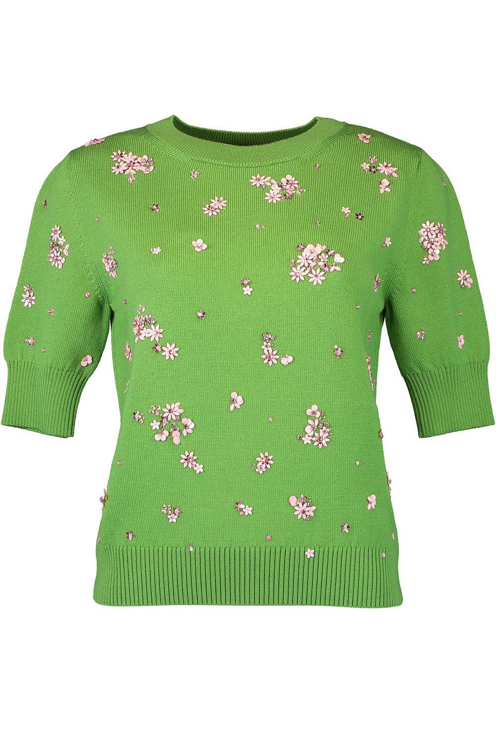 Cluster Embroidered Short Sleeve Pullover-GRN/PINK-S-CLOTHINGTOPKNITS-OSCAR DE LA RENTA