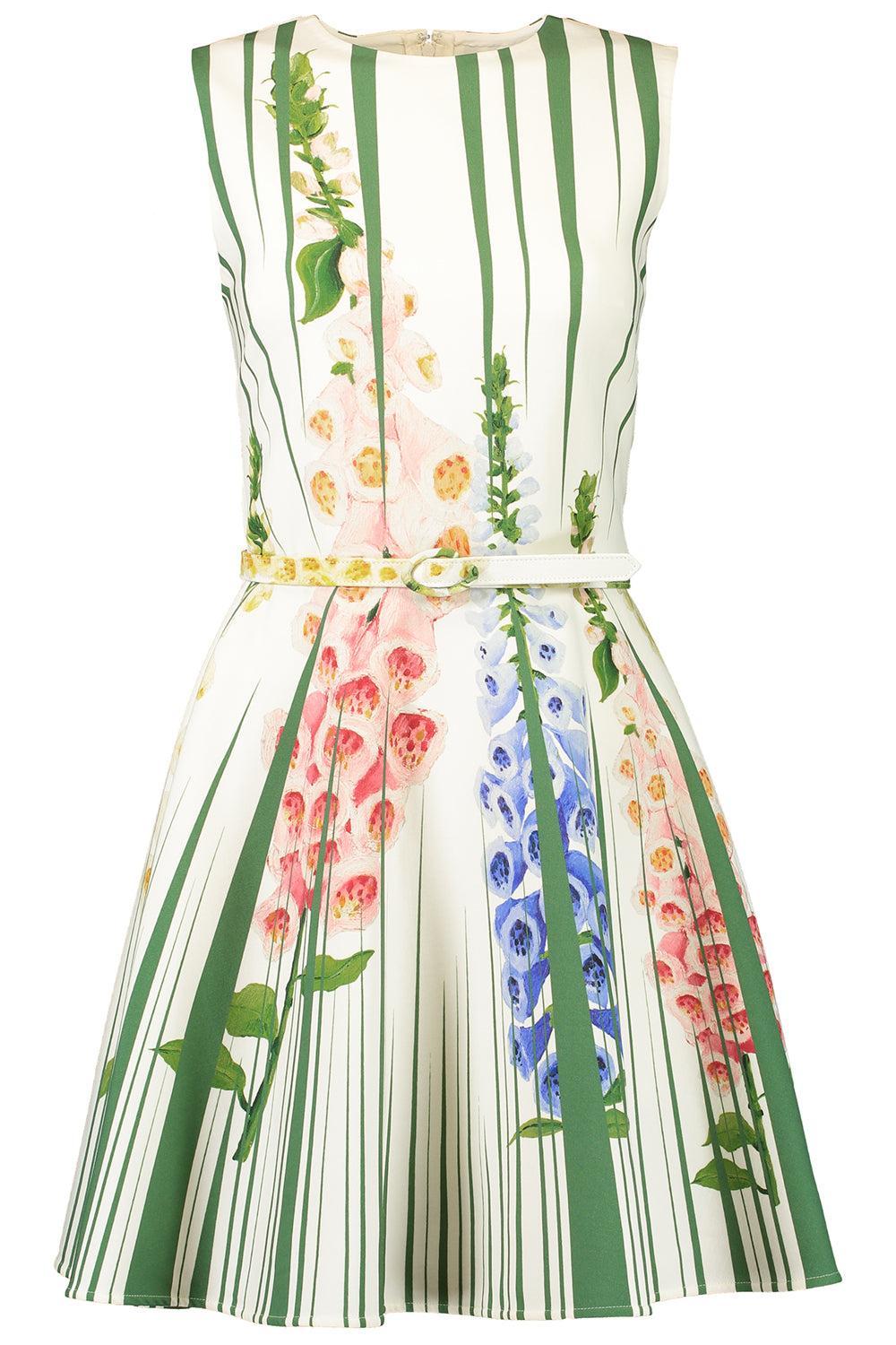 Sleeveless Pleated Foxgloves Dress-GREENMLT-2-CLOTHINGDRESSCASUAL-OSCAR DE LA RENTA