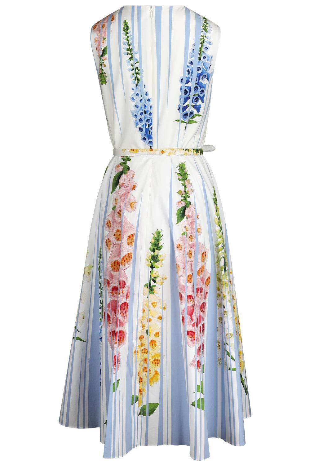 Sleeveless Pleated Foxgloves Midi Dress-LTBLUMLT-2-CLOTHINGDRESSCASUAL-OSCAR DE LA RENTA