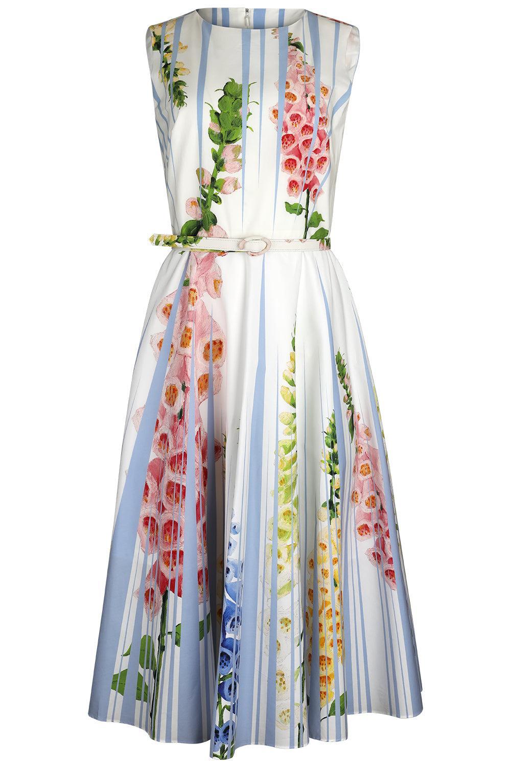 Sleeveless Pleated Foxgloves Midi Dress-LTBLUMLT-2-CLOTHINGDRESSCASUAL-OSCAR DE LA RENTA