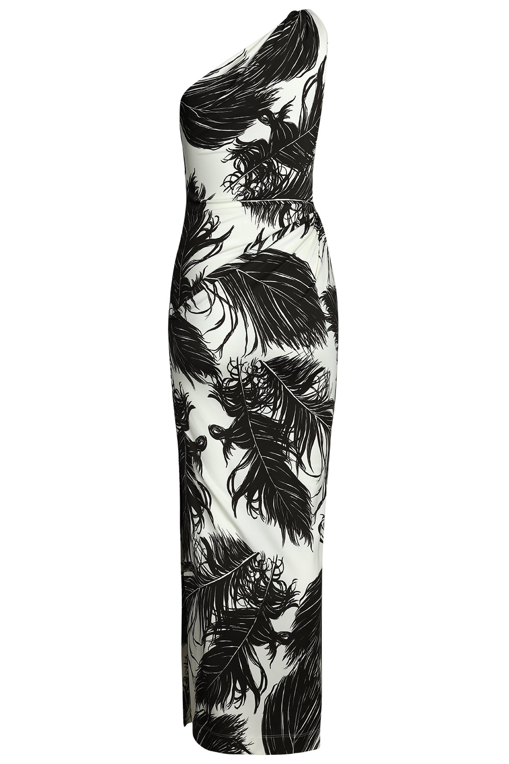 One Shoulder Feather Printed Dress-DKBRNECR-2-CLOTHINGDRESSCASUAL-OSCAR DE LA RENTA
