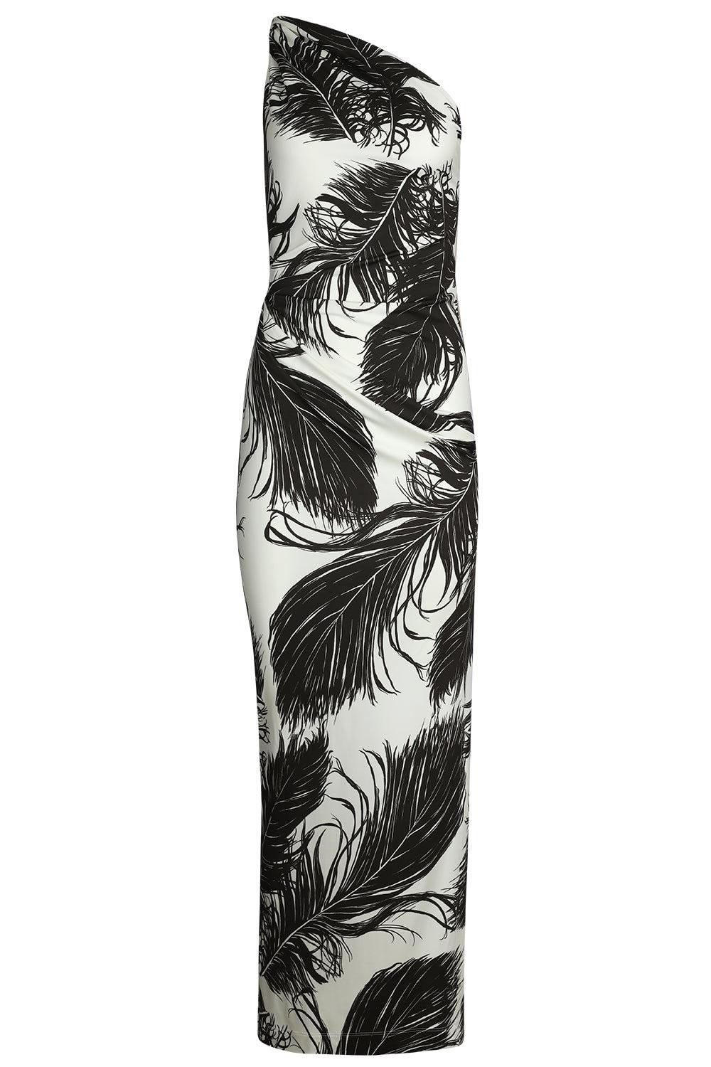 One Shoulder Feather Printed Dress-DKBRNECR-2-CLOTHINGDRESSCASUAL-OSCAR DE LA RENTA