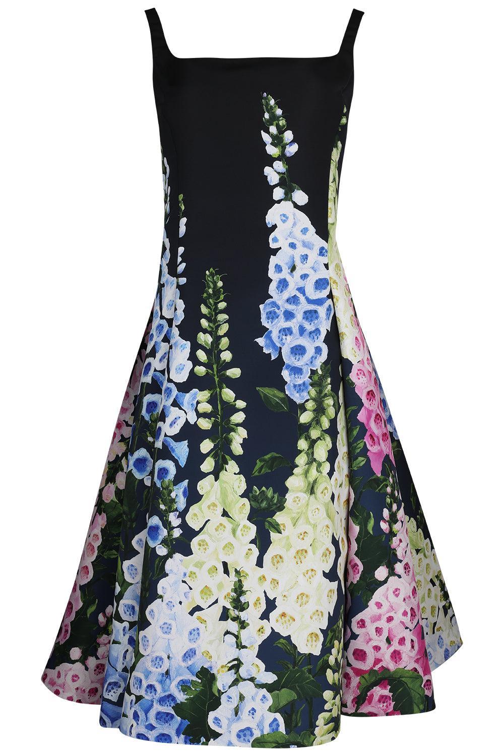 Sleeveless Multi Foxgloves Degradé Cocktail Faille Dress-NAVYMLTI-2-CLOTHINGDRESSCOCKTAIL-OSCAR DE LA RENTA