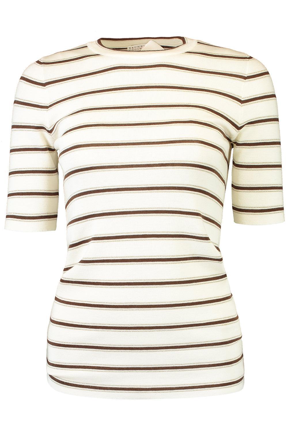 Short Sleeve Rib Stripe Sweater - Panama Beige Cacoa