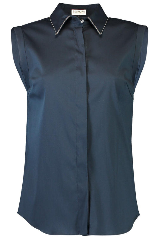 Sleeveless Monili Trim Blouse-BLUE-XS-CLOTHINGTOPBLOUSE-BRUNELLO CUCINELLI