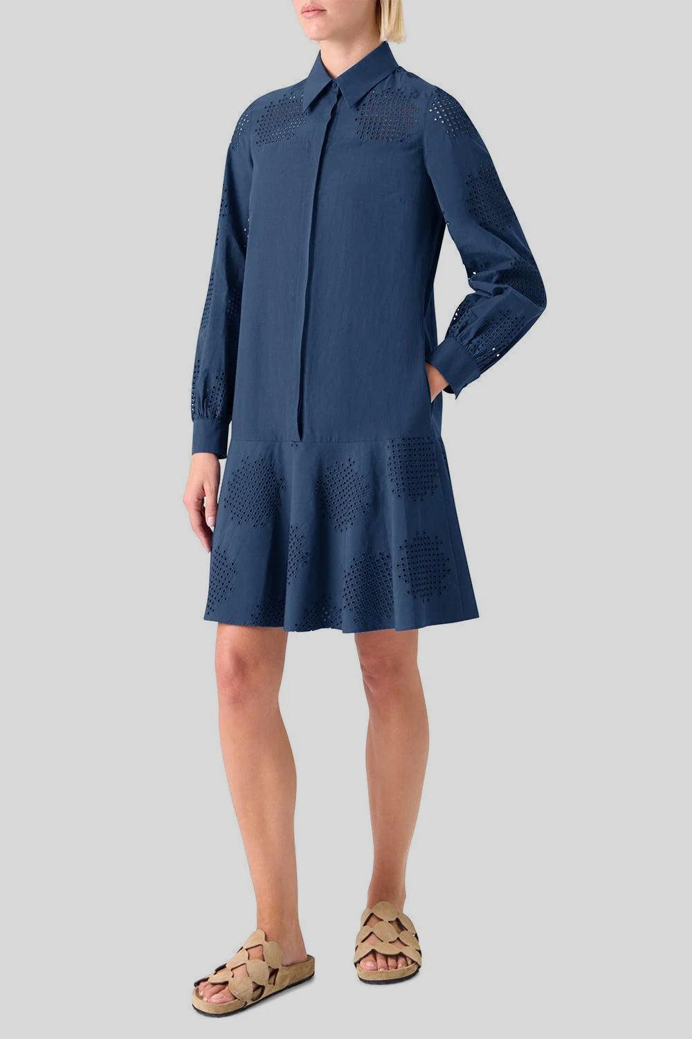 Long Sleeve Embroidered Short Dress-BLUE-4-CLOTHINGDRESSCASUAL-AKRIS PUNTO