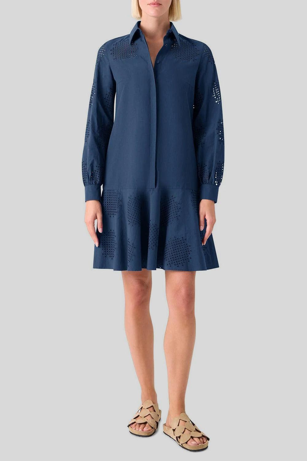 Long Sleeve Embroidered Short Dress-BLUE-4-CLOTHINGDRESSCASUAL-AKRIS PUNTO
