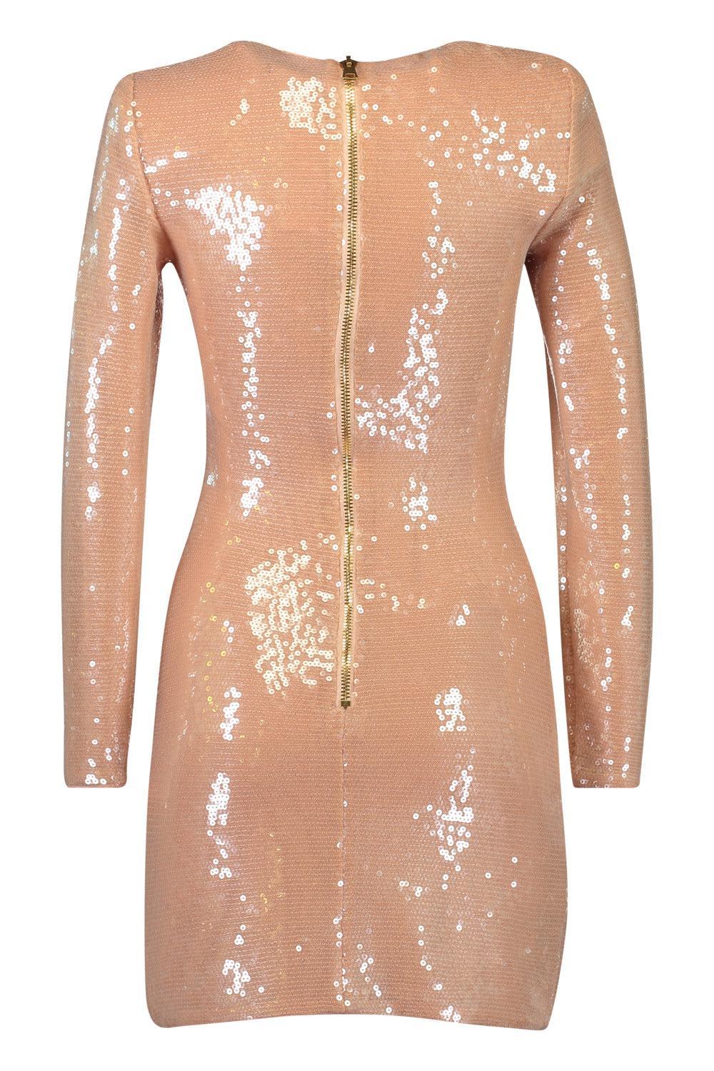 Long Sleeve Drape Sequin Mini Dress-PINK-34-CLOTHINGDRESSCOCKTAIL-BALMAIN