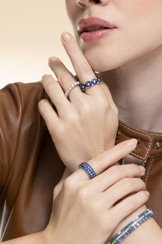 Blue Sapphire Diamond Two Row Cachmere Stretch Ring-WHITE GOLD-5-JEWELRYFINE JEWELRING-ROBERTO DEMEGLIO