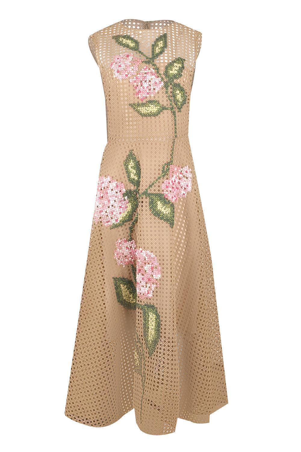 Stretch Embroidered Day Dress-BROWN-4-CLOTHINGDRESSCASUAL-OSCAR DE LA RENTA