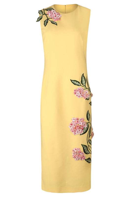 Sleeveless Porcelain Flowers Embroidered Dress-YELLOW-6-CLOTHINGDRESSCASUAL-OSCAR DE LA RENTA