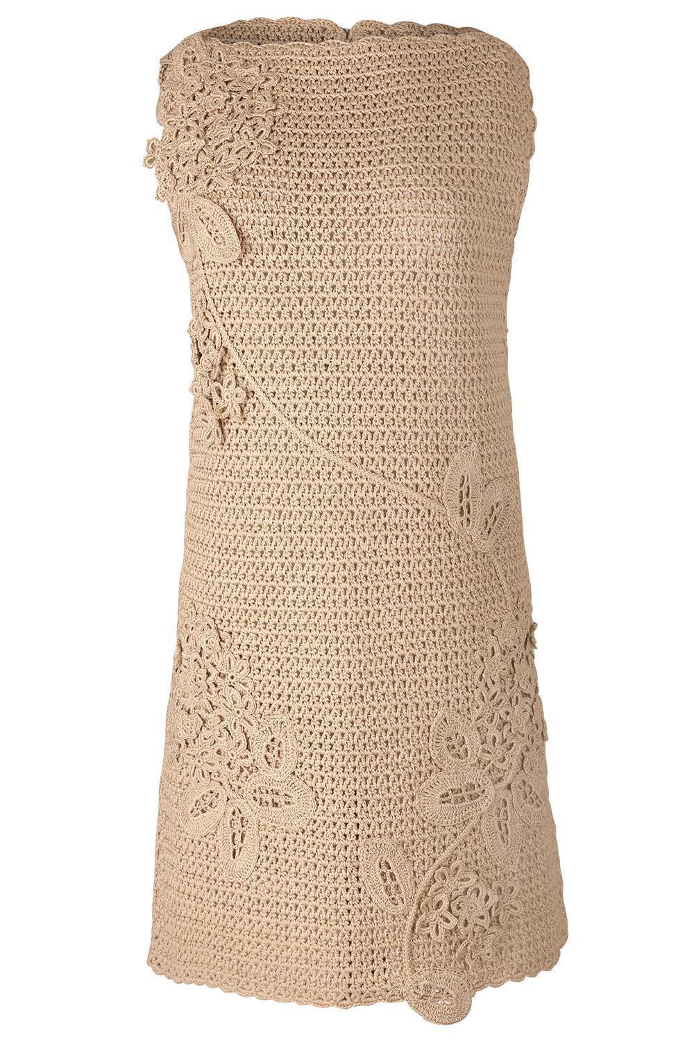 Porcelain Flower Motif Crochet Dress-BROWN-XS-CLOTHINGDRESSCASUAL-OSCAR DE LA RENTA