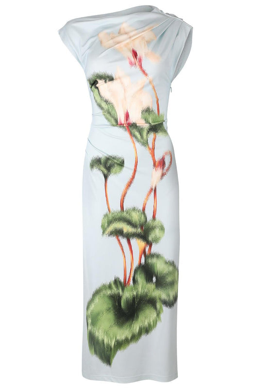 Cyclamen Drape Detail Dress-FLORAL-2-CLOTHINGDRESSCASUAL-OSCAR DE LA RENTA