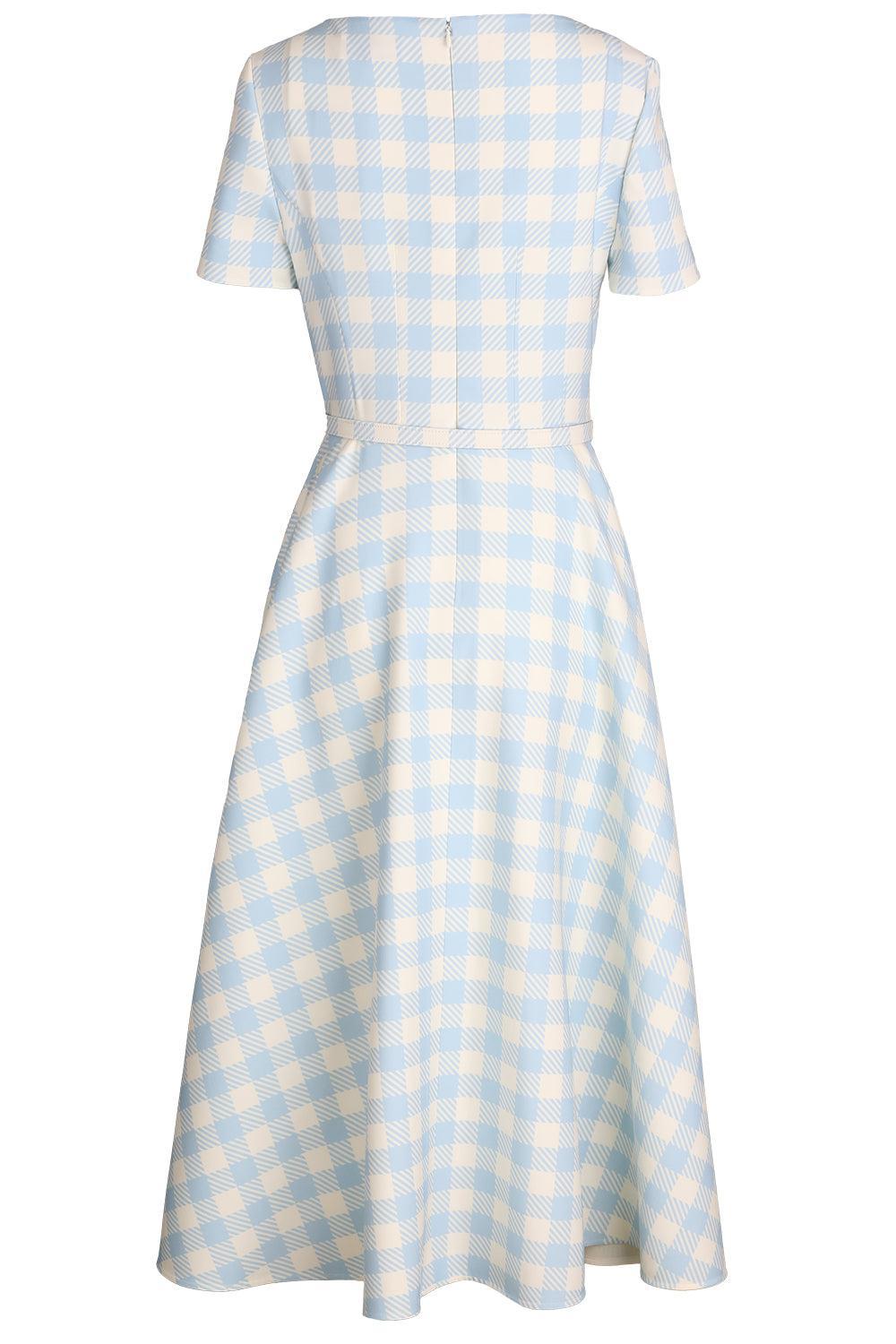 Short Sleeve Plaid Day Dress-GEOMETRC-6-CLOTHINGDRESSCASUAL-OSCAR DE LA RENTA
