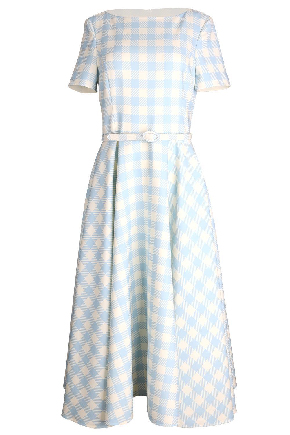 Short Sleeve Plaid Day Dress-GEOMETRC-6-CLOTHINGDRESSCASUAL-OSCAR DE LA RENTA