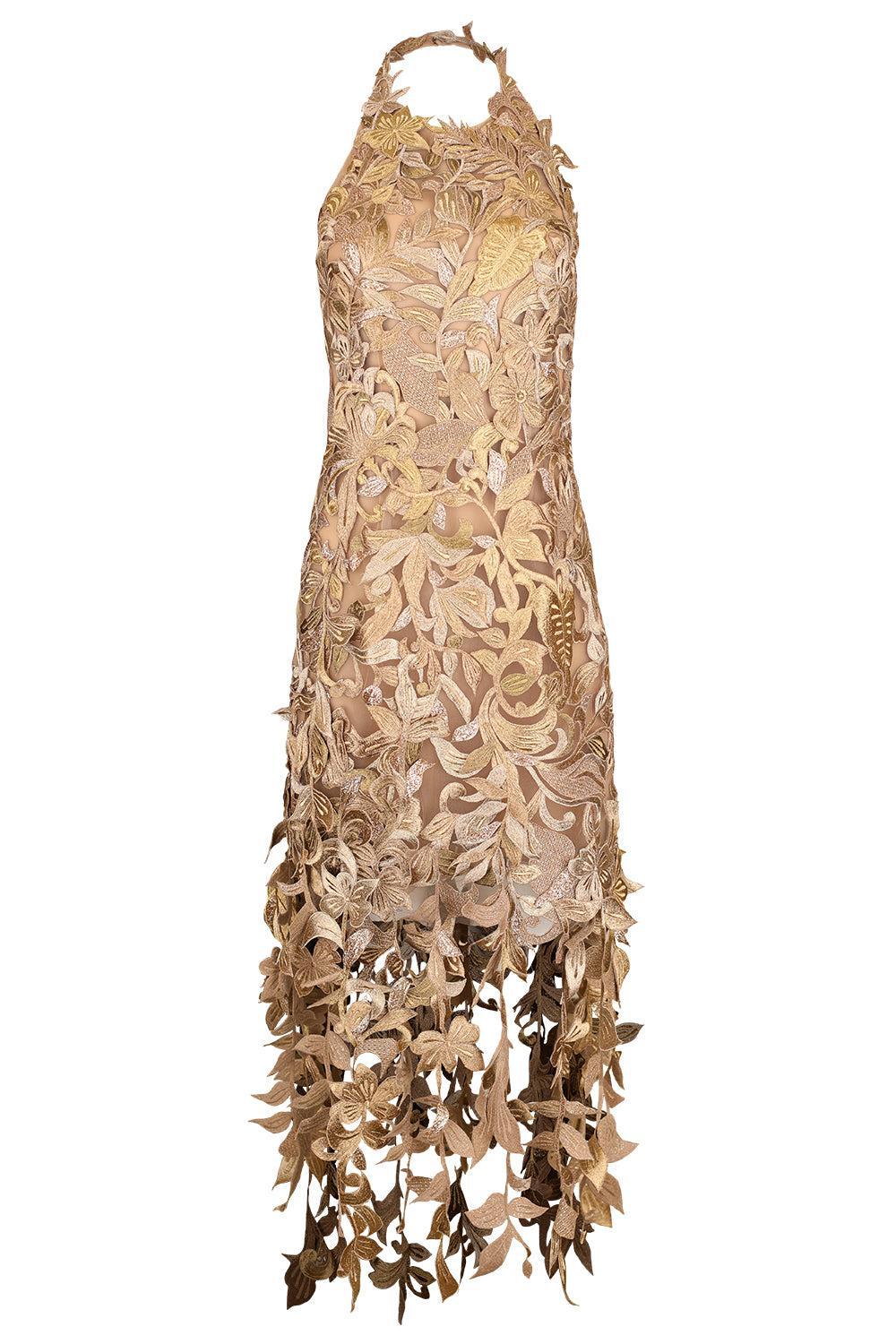 Sleeveless Corded Florals Cocktail Dress-GOLD-8-CLOTHINGDRESSCOCKTAIL-OSCAR DE LA RENTA