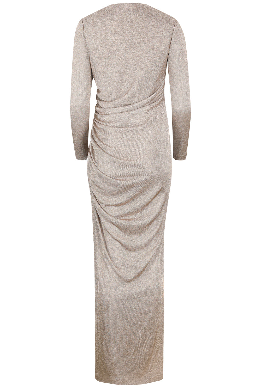 Long Sleeve Draped Metallic Gown