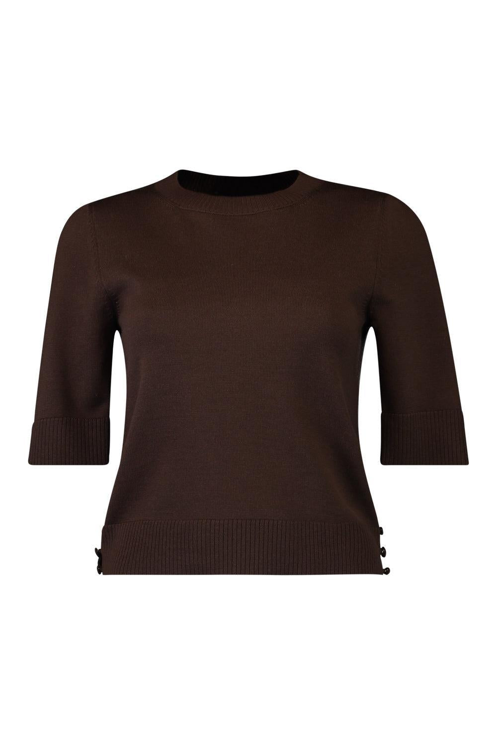 Three Quarter Sleeve Buttons Detail Pullover-BROWN-S-CLOTHINGTOPKNITS-OSCAR DE LA RENTA