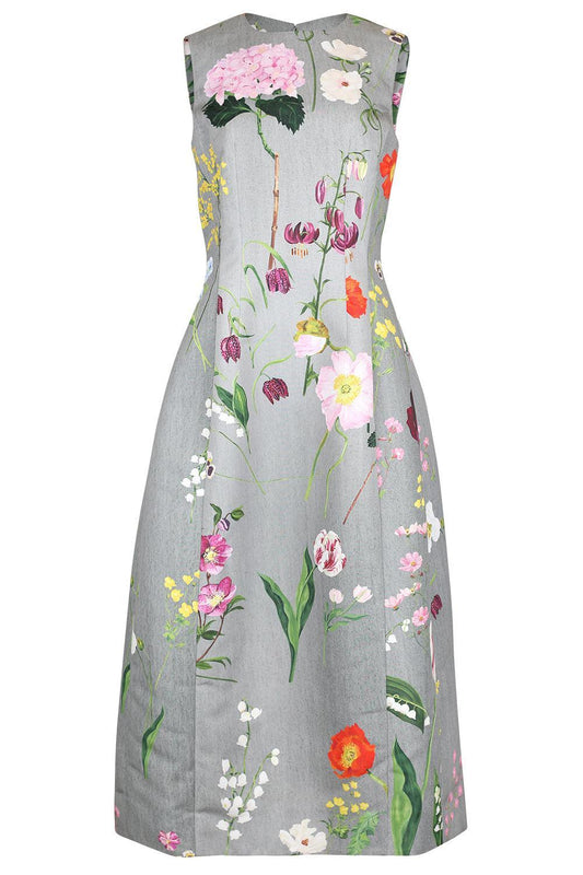 Mixed Botanical Sleeveless Cocktail Dress-GREY-4-CLOTHINGDRESSCOCKTAIL-OSCAR DE LA RENTA