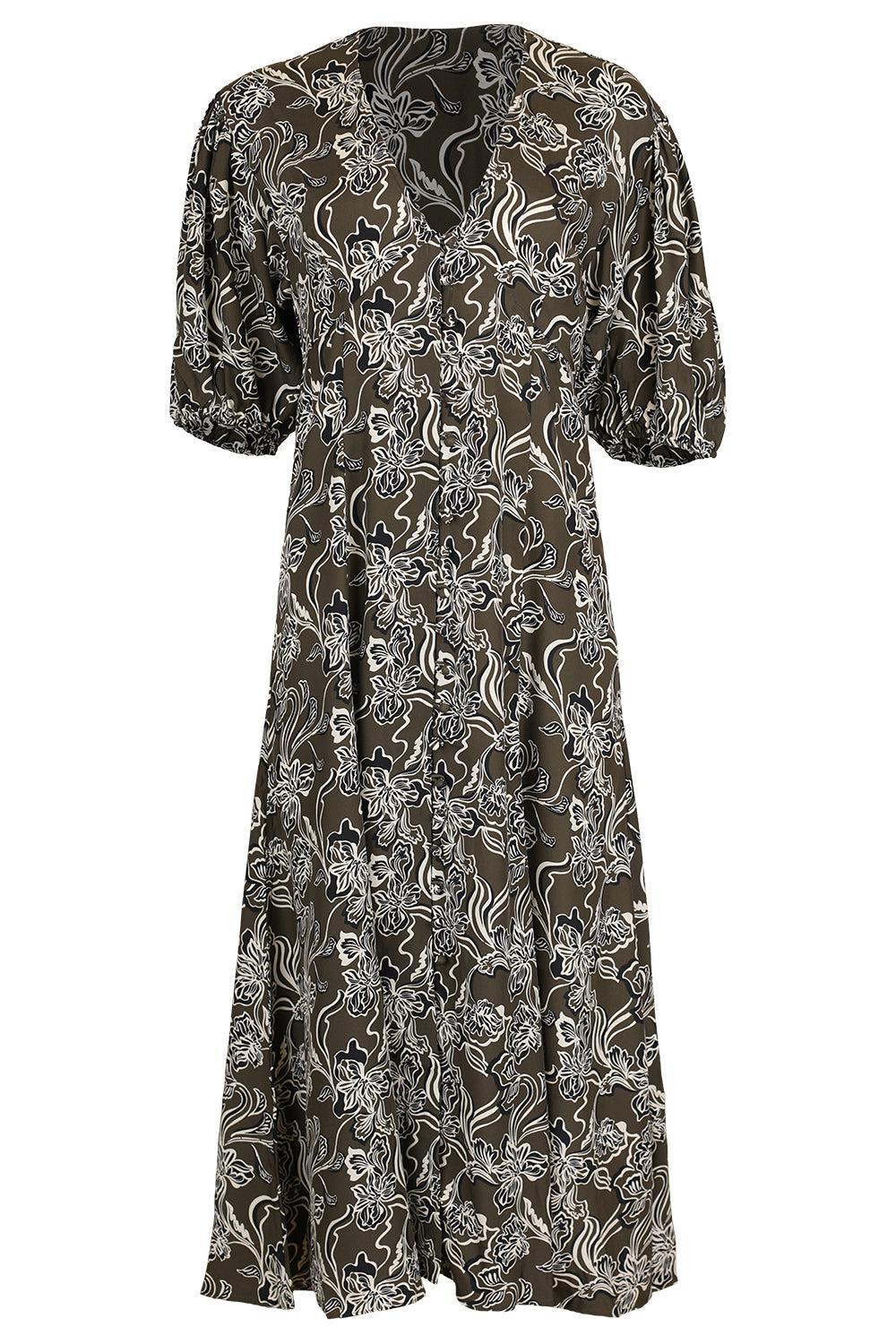 Florence Dress - Taupe Floral-FLORAL-0-CLOTHINGDRESSCASUAL-LA LIGNE