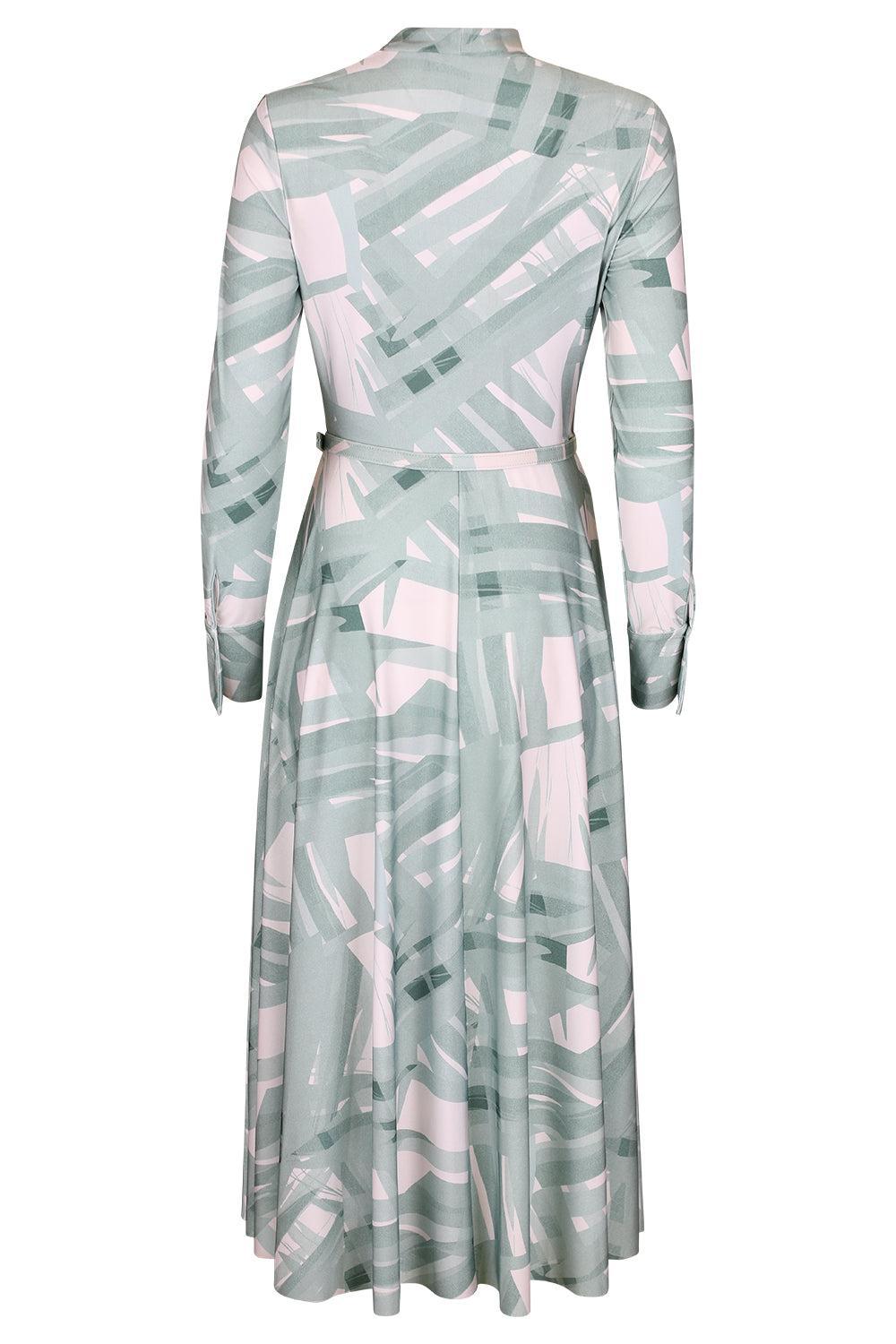 Long Sleeve Striped Plaid Day Dress-GREEN-4-CLOTHINGDRESSCASUAL-OSCAR DE LA RENTA