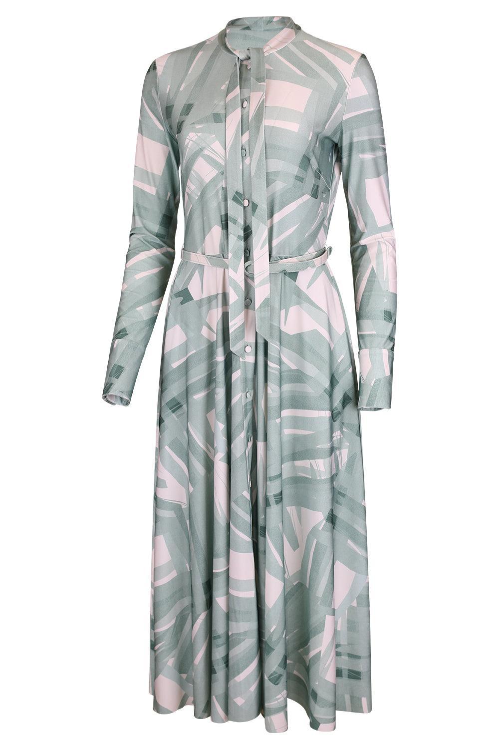 Long Sleeve Striped Plaid Day Dress-GREEN-4-CLOTHINGDRESSCASUAL-OSCAR DE LA RENTA 
