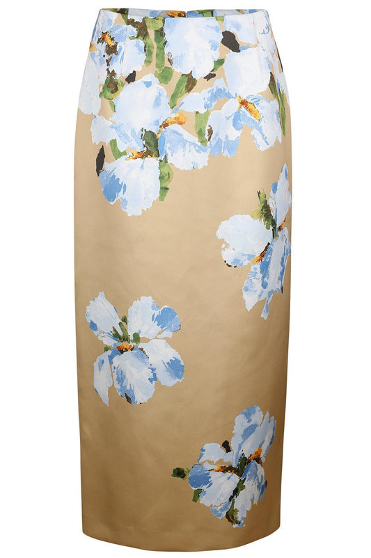 Watercolor Iris Satin Pencil Skirt-BROWN-2-CLOTHINGSKIRTMIDI-OSCAR DE LA RENTA