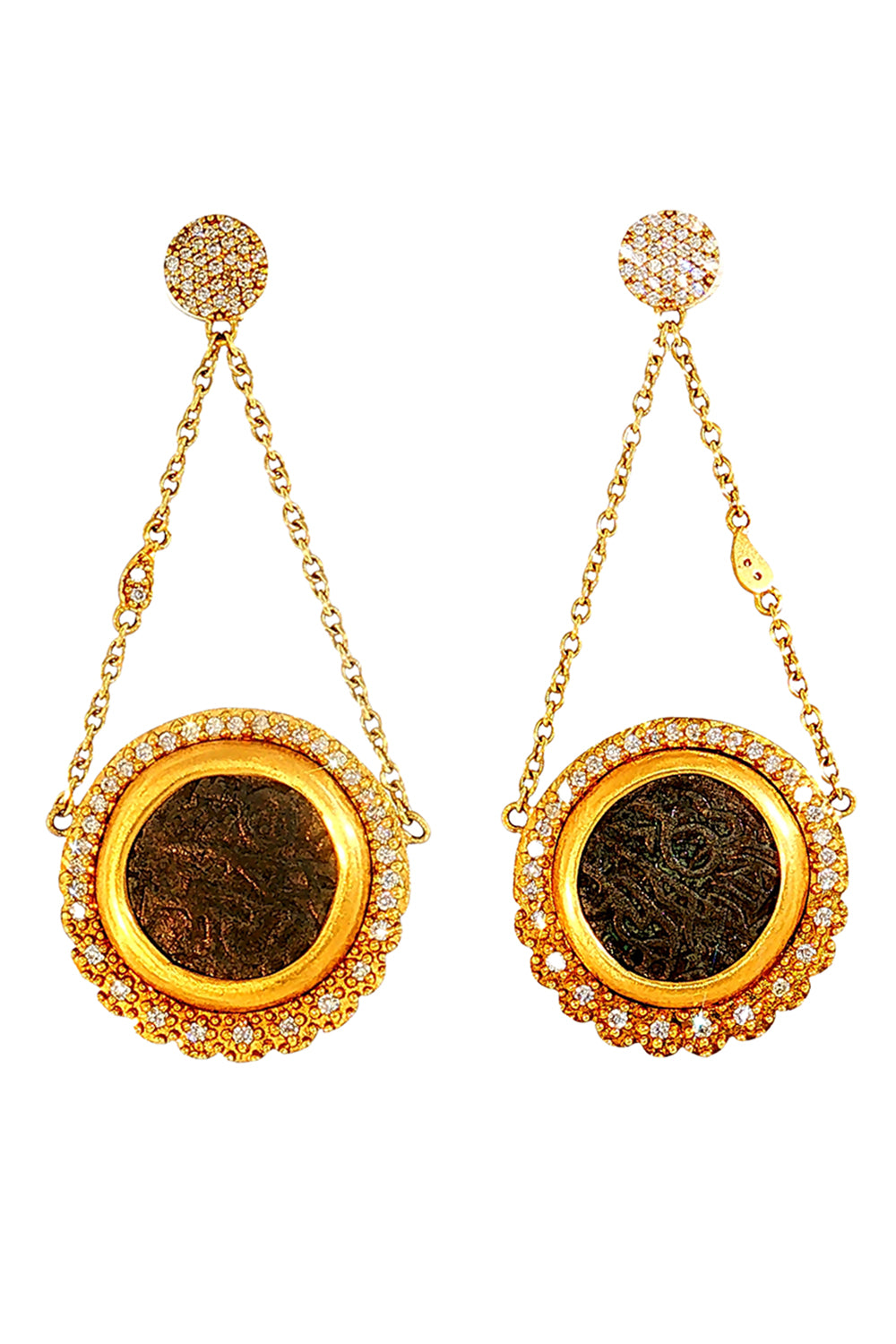  Diamond Antiquity Coin Double-Chain Earrings-YELLOW GOLD-JEWELRYFINE JEWELEARRING-COOMI 