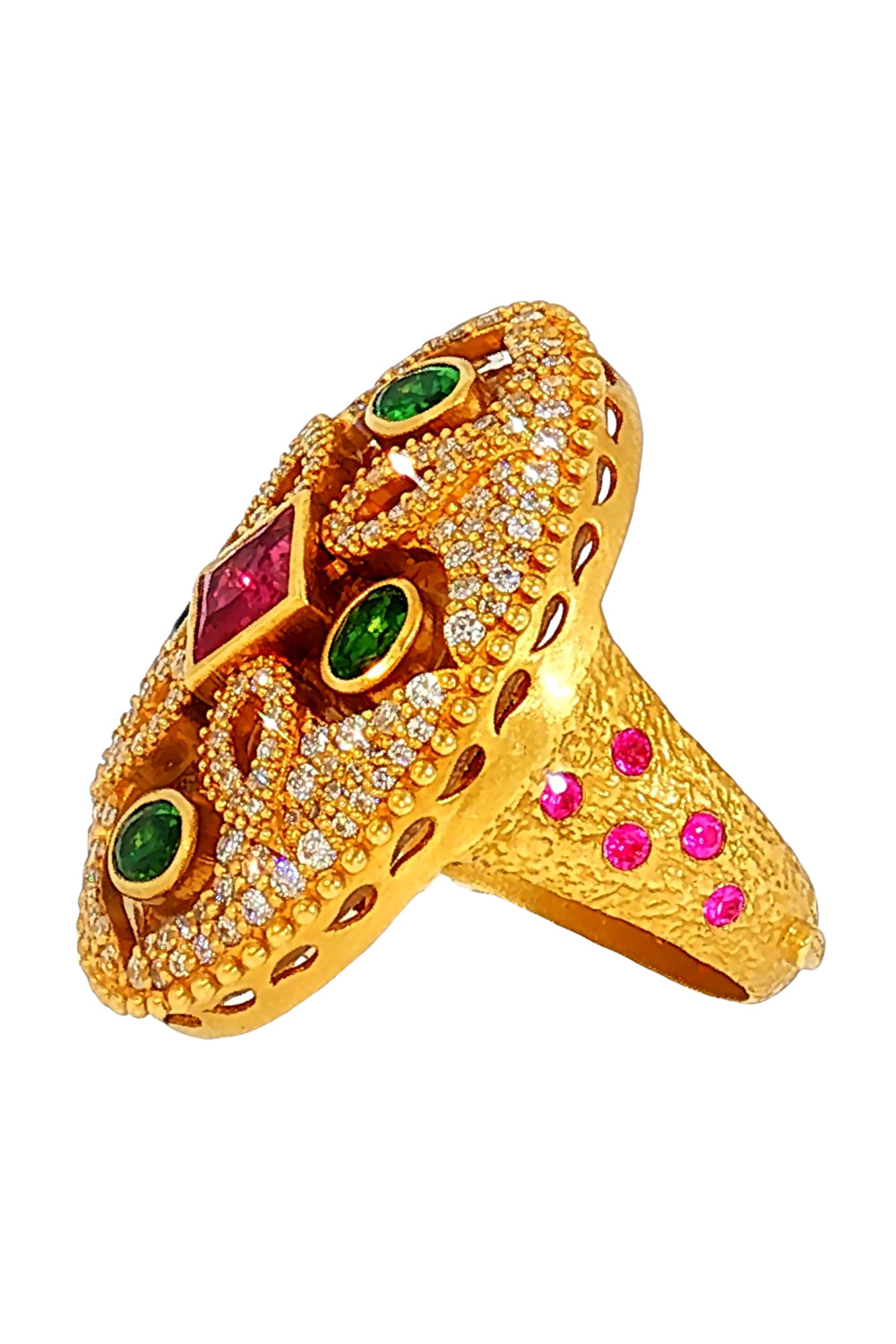 Tsavorite Tourmaline Oval Trinetra Ring-YELLOW GOLD-7-JEWELRYFINE JEWELRING-COOMI
